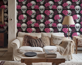 Dark vintage skulls wallpaper, black wallpaper, pink roses vintage dark wallpaper, dark moody aesthetic wallpaper, black wallpaper #122