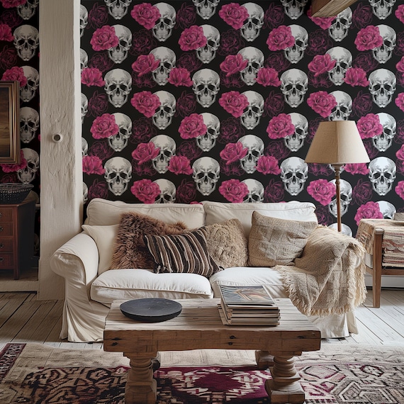 Dark vintage skulls wallpaper, black wallpaper, pink roses vintage dark wallpaper, dark moody aesthetic wallpaper, black wallpaper #122