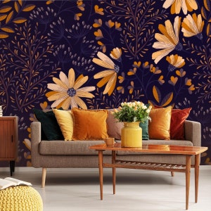 Autumn Gold Flowers Wallpaper, Peel and Stick Wallpaper, Vinyl Wallpaper, Repositionable, Wall Art, Home Decor, Removable Wallpaper  #299