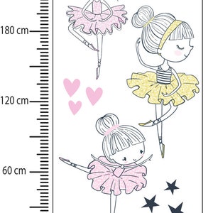 May include: Three cartoon ballerina girls with pink and yellow tutus, pink hearts, and gold stars. The girls are drawn in a simple, whimsical style.
