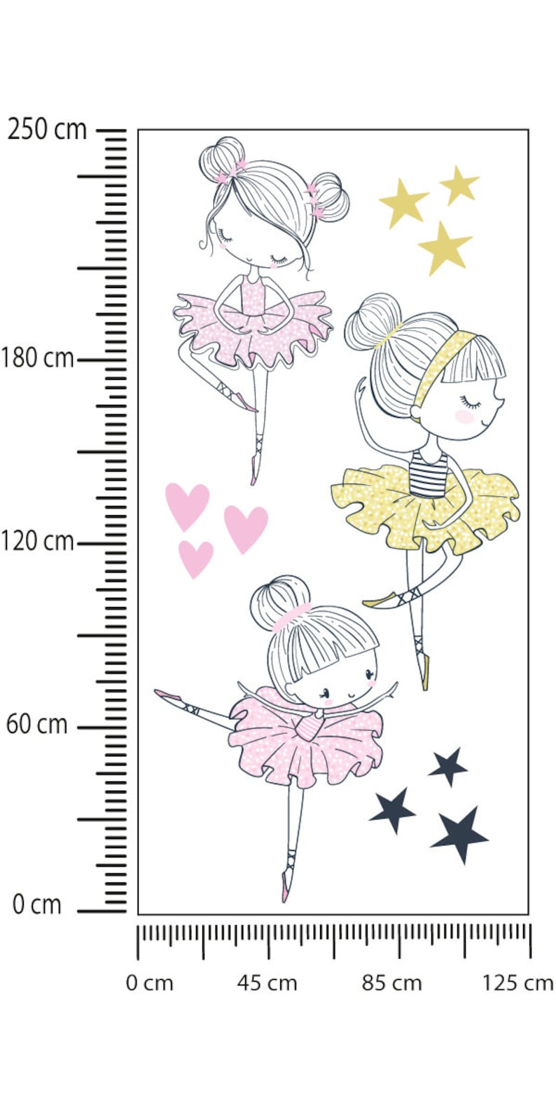 May include: Three cartoon ballerina girls with pink and yellow tutus, pink hearts, and gold stars. The girls are drawn in a simple, whimsical style.