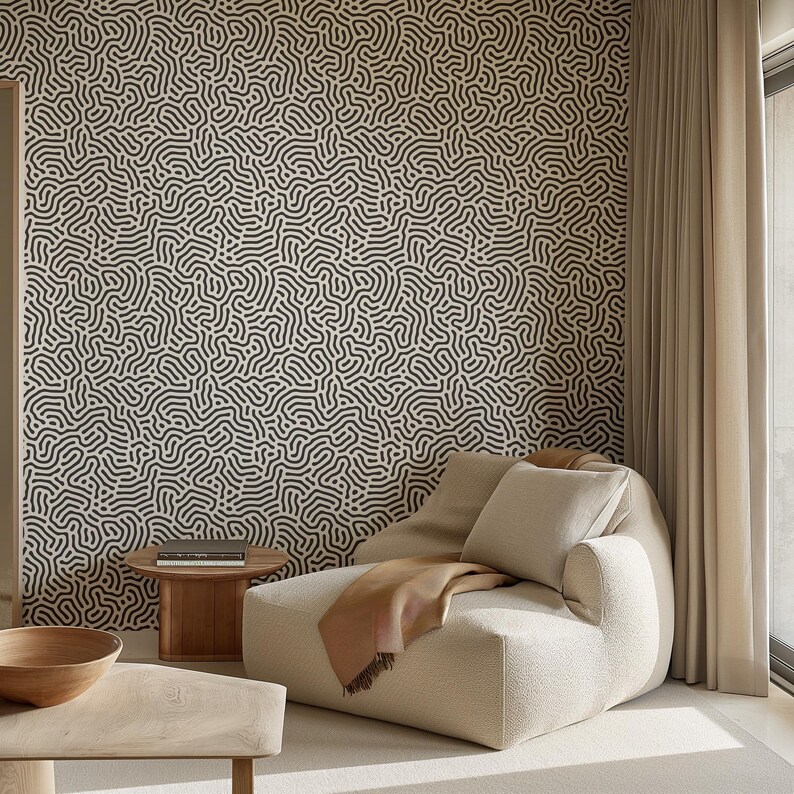 Abstract shapes wallpaper, black and white retro lines wall art, vintage japandi style wallpaper home decor, removable peel and stick #688 image 1