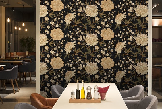 Gold Peony on the Dark Wallpaper Self Adhesive Wallpaper - Etsy Gold Peony on the Dark Wallpaper Self Adhesive Wallpaper - Etsy