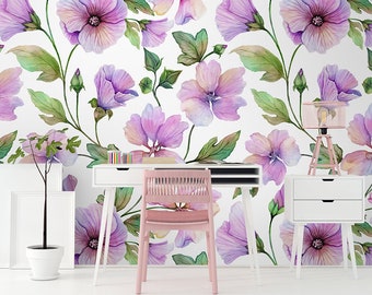 Lavatera Flowers Wallpaper | Self Adhesive Wallpaper, Removable Wallpaper, Temporary Wallpaper, Peel and Stick Wallpaper #223