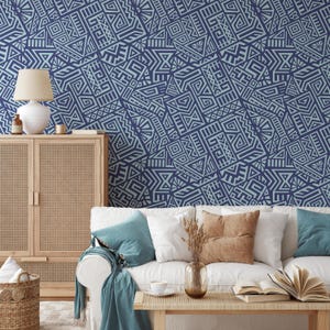 Blue aztec style wallpaper, retro geometric aztec shapes wallpaper, wall decoration vintage style peel and stick removable wall art #704
