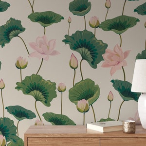 Papier peint à fleurs roses, nénuphar, nénuphars, art mural floral, papier peint nature, feuilles vertes, nature, papier peint beige, décoration murale #560