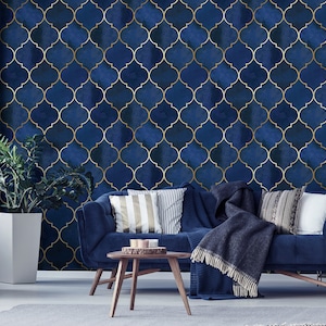 Blue Moroccan Pattern Wallpaper, Peel and Stick Wallpaper, Removable Wallpaper, Vintage Decor, Vinyl Wall Art, Luxury Damask Wallpaper #590