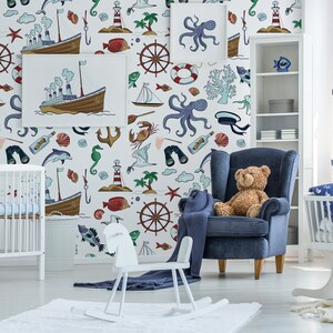 Nautical Thame Kids Wallpaper | Self Adhesive Wallpaper, Removable Wallpaper, Temporary Wallpaper, Peel and Stick Wallpaper #95