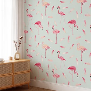 Watercolor pink flamingos, cute flamingo wallpaper removable peel and stick or non pated, vintage animal wallpaper, pink bird wall art #48
