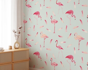 Watercolor pink flamingos, cute flamingo wallpaper removable peel and stick or non pated, vintage animal wallpaper, pink bird wall art #48