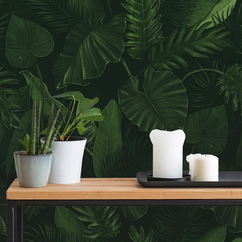 Botanical Dark Leaves Wallpaper Self Adhesive Wallpaper Etsy