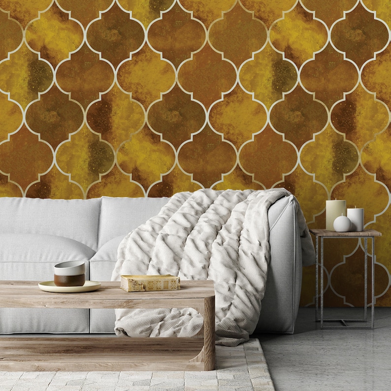 Yellow Moroccan Pattern Wallpaper, Self Adhesive Wallpaper, Removable Wallpaper, Temporary Wallpaper, Peel and Stick Wallpaper 507 image 1