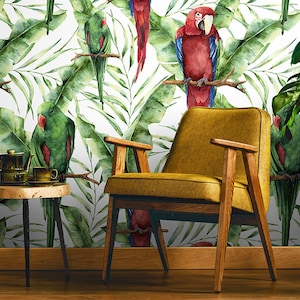 Red Tropical Parrots Wallpaper | Self Adhesive Wallpaper, Removable Wallpaper, Temporary Wallpaper, Peel and Stick Wallpaper #224
