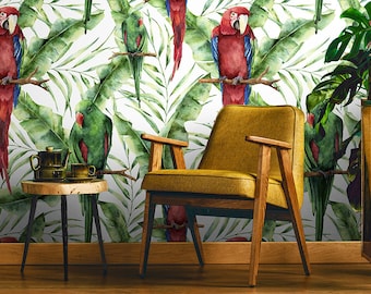 Behang tropische papegaaien rood | Zelfklevend behang, verwijderbaar behang, tijdelijk behang, Peel-and-Stick-behang #224