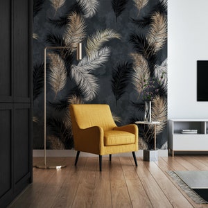 Cutom Order - Gold and White Feathers Wallpaper, Retro Wallpaper, Removable Wallpaper, Peel and Stick, Vintage Wall Art, Dark #595
