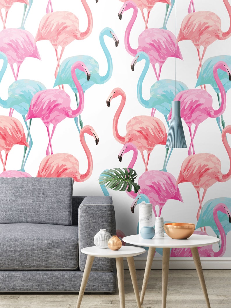 Pink and Blue Flamingos Wallpaper Self Adhesive Wallpaper Etsy