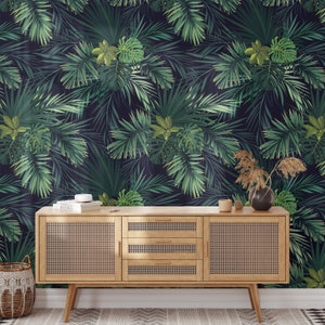 Botanical Jungle Leaves Wall Art, Dark Botanical Wallpaper, Removable Peel and Stick, Exotic Wall Art, Moody Wallpaper, Green Wall Art 123 image 2