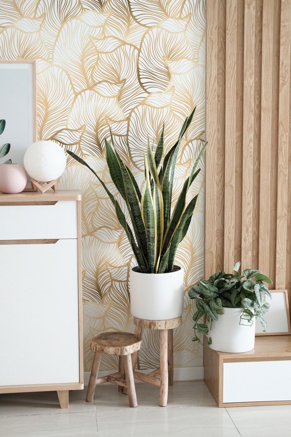 Goldene Blatter Wallpaper Selbstklebende Tapete Wandbild Etsy