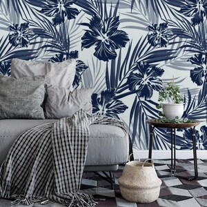 Blue Flowers and Leaves Wallpaper | Self Adhesive Wallpaper, Removable Wallpaper, Temporary Wallpaper, Peel and Stick Wallpaper #678