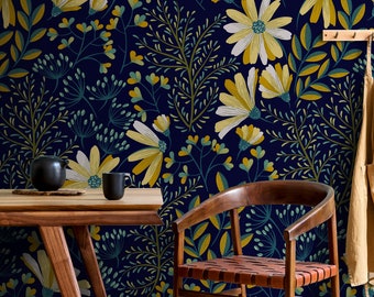 Floral Wallpaper, Yellow Flowers, Dark Blue Background, Removable Wallpaper, Whimsical Wallpaper, Home Gift, Wall Art, Moody Wallpaper #298