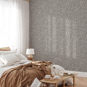Abstract shapes wallpaper, black and white retro lines wall art, vintage japandi style wallpaper home decor, removable peel and stick #688 image 3