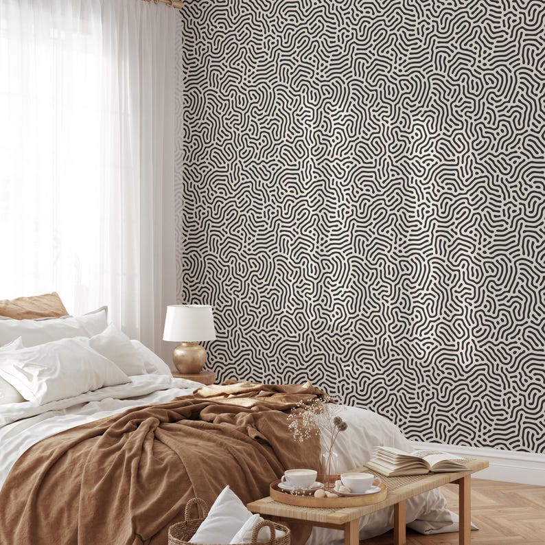Abstract shapes wallpaper, black and white retro lines wall art, vintage japandi style wallpaper home decor, removable peel and stick #688 image 3