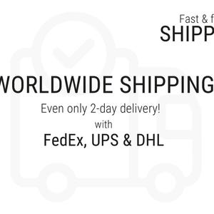 K&ouml;nnte beinhalten: Wei&szlig;es Grafikdesign mit den Worten "Fast & free SHIPPING" und "WORLDWIDE SHIPPING" in fetter, schwarzer Schrift. Das Bild enth&auml;lt einen stilisierten LKW und ein H&auml;kchen-Symbol, mit dem Text "Even only 2-day delivery!" und den Logos FedEx, UPS & DHL.