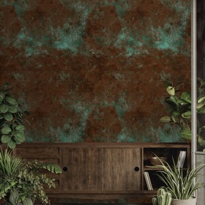 Può includere: Un mobile in legno scuro con due ante scorrevoli e ripiani aperti. Il mobile è davanti a un muro marrone ruggine con accenti verdi. Ci sono piante in vaso su entrambi i lati del mobile.