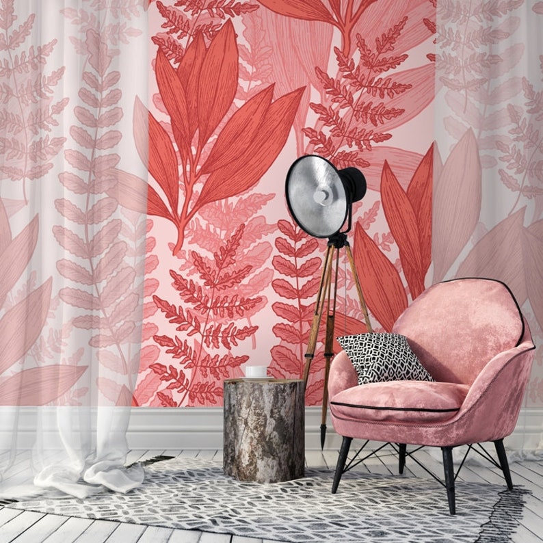Pink Wild Leaves Wallpaper Self Adhesive Wallpaper Etsy