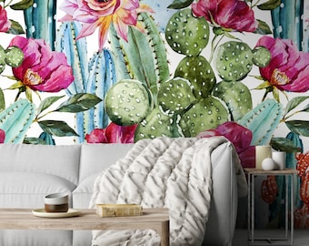 Colorful Cacti Boquet Wallpaper, Peel and Stick Wallpaper, Removable Wallpaper, Cactus Wall Mural, Floral Wallpaper, Floral Wall Art #276