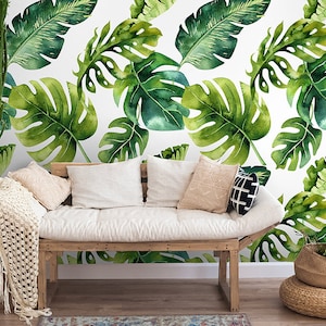 Bright Green Giant Leaves Wallpaper | Self Adhesive Wallpaper, Removable Wallpaper, Temporary Wallpaper, Peel and Stick Wallpaper #225