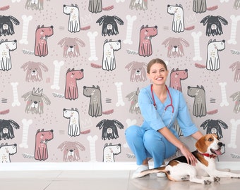 Pink Dogs Wallpaper, Cute Animal Wall Art, Colorful Wallpaper, Vet Wall Art, Industrial Wallpaper, Peel and Stick, Removable #1299
