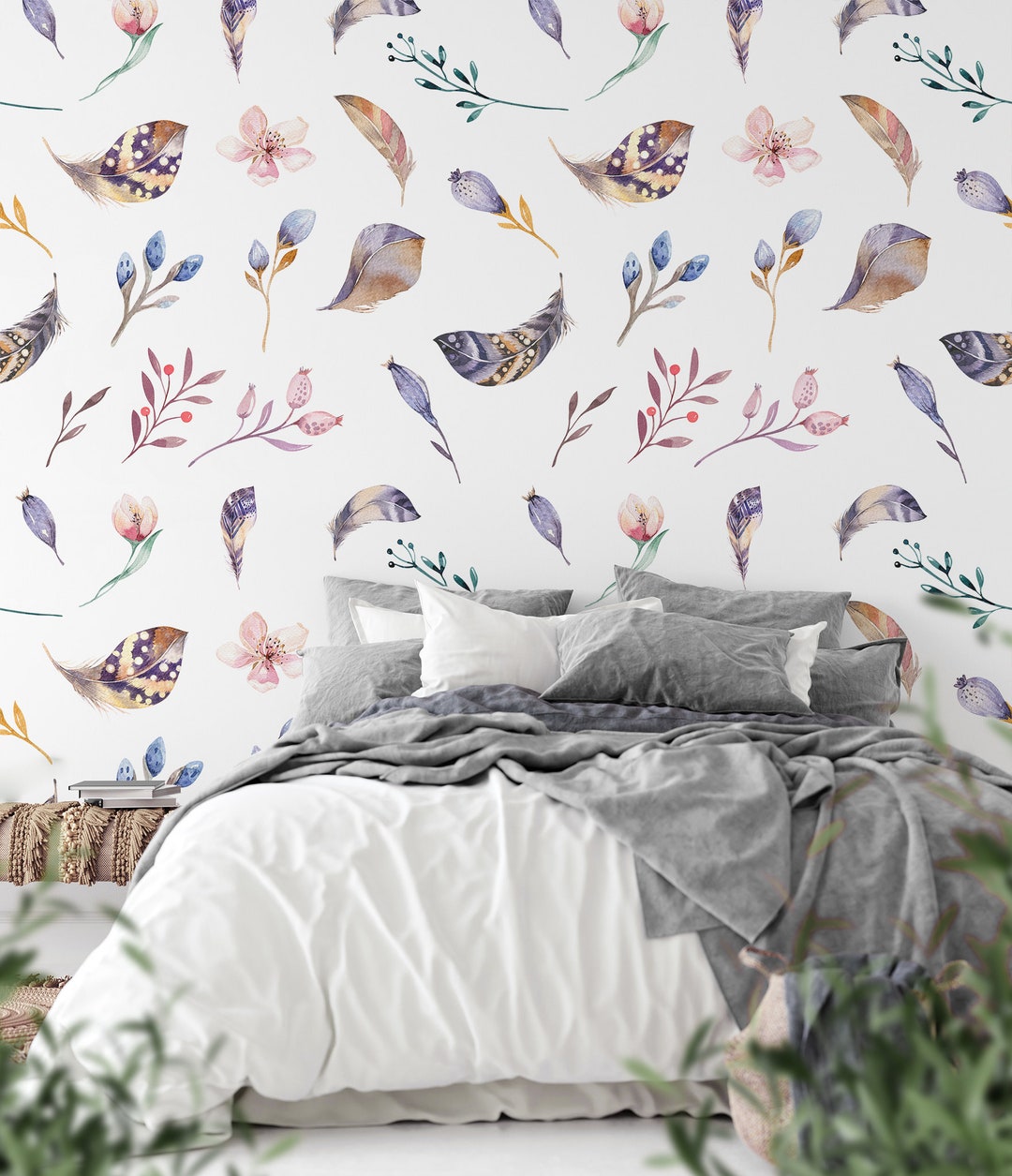 Feathers and Wildflowers Wallpaper Self Adhesive Wallpaper - Etsy