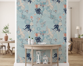 Crane and Flowers Wallpaper | Self Adhesive Wallpaper, Removable Wallpaper, Temporary Wallpaper, Peel and Stick Wallpaper #451