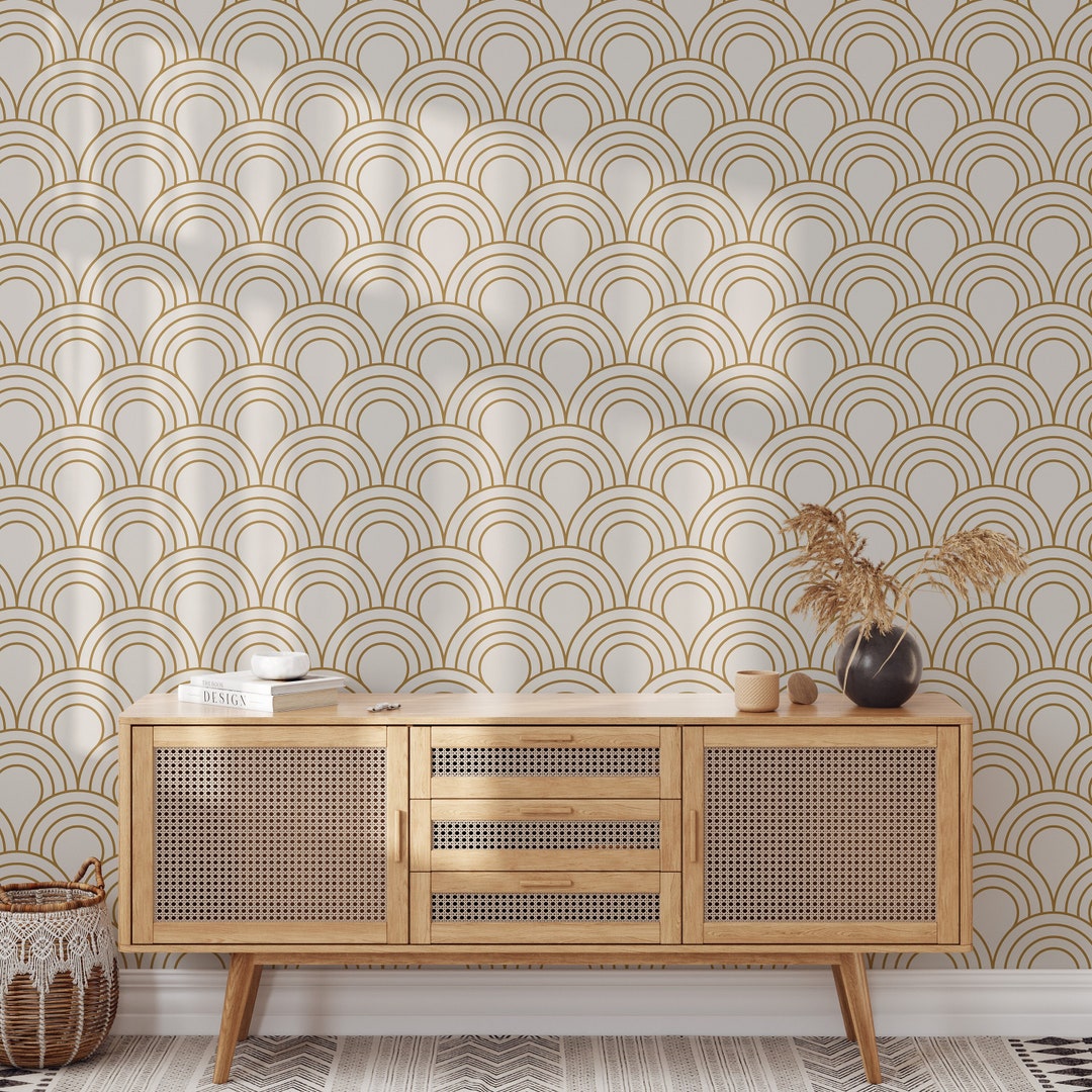 Beige Art Deco Wallpaper, Seigaiha Style Wallpaper, Boho Style