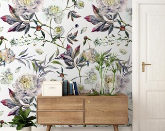 Watercolor White Peonies Wallpaper, Self Adhesive Elegant Wallpaper, Removable Floral Wallpaper, Peony Bouquet Wallpaper #853