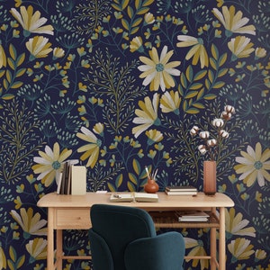 Floral Wallpaper, Yellow Flowers, Dark Blue Background, Removable Wallpaper, Whimsical Wallpaper, Home Gift, Wall Art, Moody Wallpaper #298