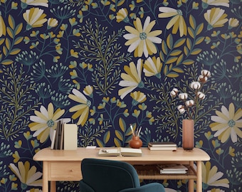 Floral Wallpaper, Yellow Flowers, Dark Blue Background, Removable Wallpaper, Whimsical Wallpaper, Home Gift, Wall Art, Moody Wallpaper #298