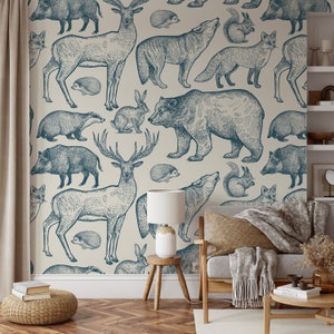 Wilde Tiere Wandkunst, Wald Tapete, Bär, Wolf, Hirsch Tapete, Große Tiere, Retro Tapete, Vintage Wanddeko, Schälen und Aufkleben #193