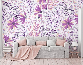 Soft Purple Flowers Wallpaper, Floral Wall Art, Purple Wallpaper, Home Decor, Vinyl Wallpaper, Peel and Stick, Removable Wallpaper #578