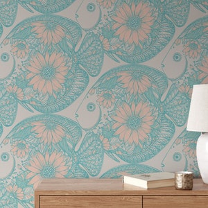 Floral Fish Wallpaper, Removable Wall Art, Peel and Stick Wallpaper, Fish Wall Art, Floral Wall Art, Blue Fish, Vintage Wallpaper #367