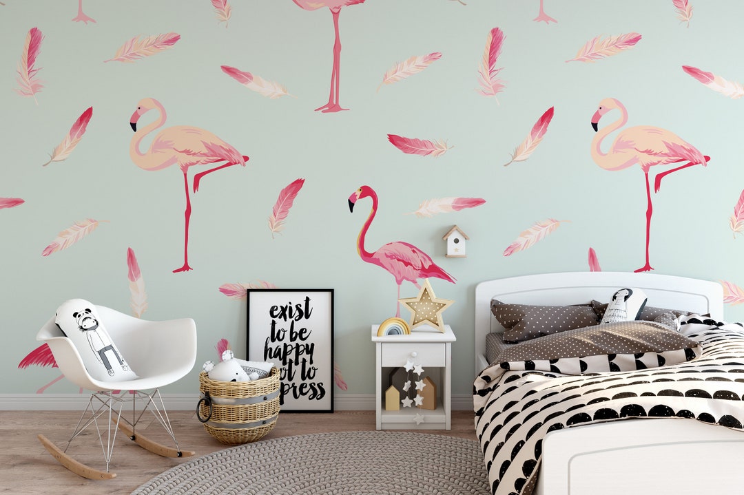 Flamingos on Green Background Wallpaper Self Adhesive Wallpaper