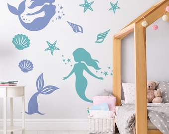 Mermaids with seashells Wall Decal | Self Adhesive Wall Decal, Removable Wall Stickers, Wall Art, Kids Stickers S24