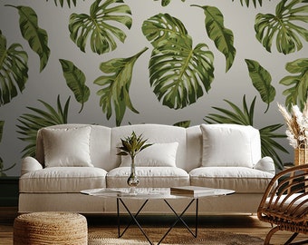 Green Monstera Leaves Wallpaper, Self Adhesive Wallpaper, Removable Wallpaper, Temporary Wallpaper, Peel and Stick Wallpaper #51