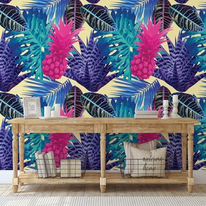 Tropical Fruits and Leaves Wallpaper, Yellow Background, Abstract Fruits, Tropical Wallpaper, Peel and Stick Wallpaper #91