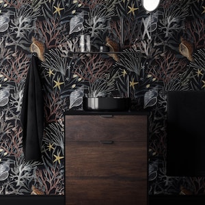 Papier peint moules de mer, motif aquatique marin, profondeurs de plantes marines, papier peint mystérieux, art mural rétro de style vintage, décor de mauvaise humeur sombre #1844