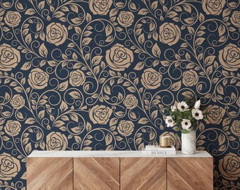 Dark Roses Wallpaper, Gold Color Floral Wall Art, Navy Blue Dark Background, Moody Wallpaper, Luxury Home Decor, Peel and Stick #24