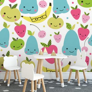 Happy Fruits Kids Wallpaper | Self Adhesive Wallpaper, Removable Wallpaper, Temporary Wallpaper, Peel and Stick Wallpaper #134
