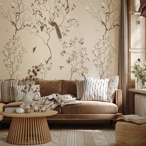 Beige Peacock Wallpaper, Animal Wallpaper, Vintage Bird Mural, Bright Home Decor, Removable Wallpaper, Peel and Stick Wallpaper #1023