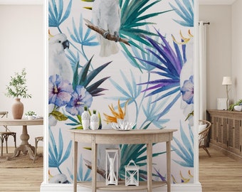 Tropical Parrot in Jungle Wallpaper | Self Adhesive Wallpaper, Removable Wallpaper, Temporary Wallpaper, Peel and Stick Wallpaper #624